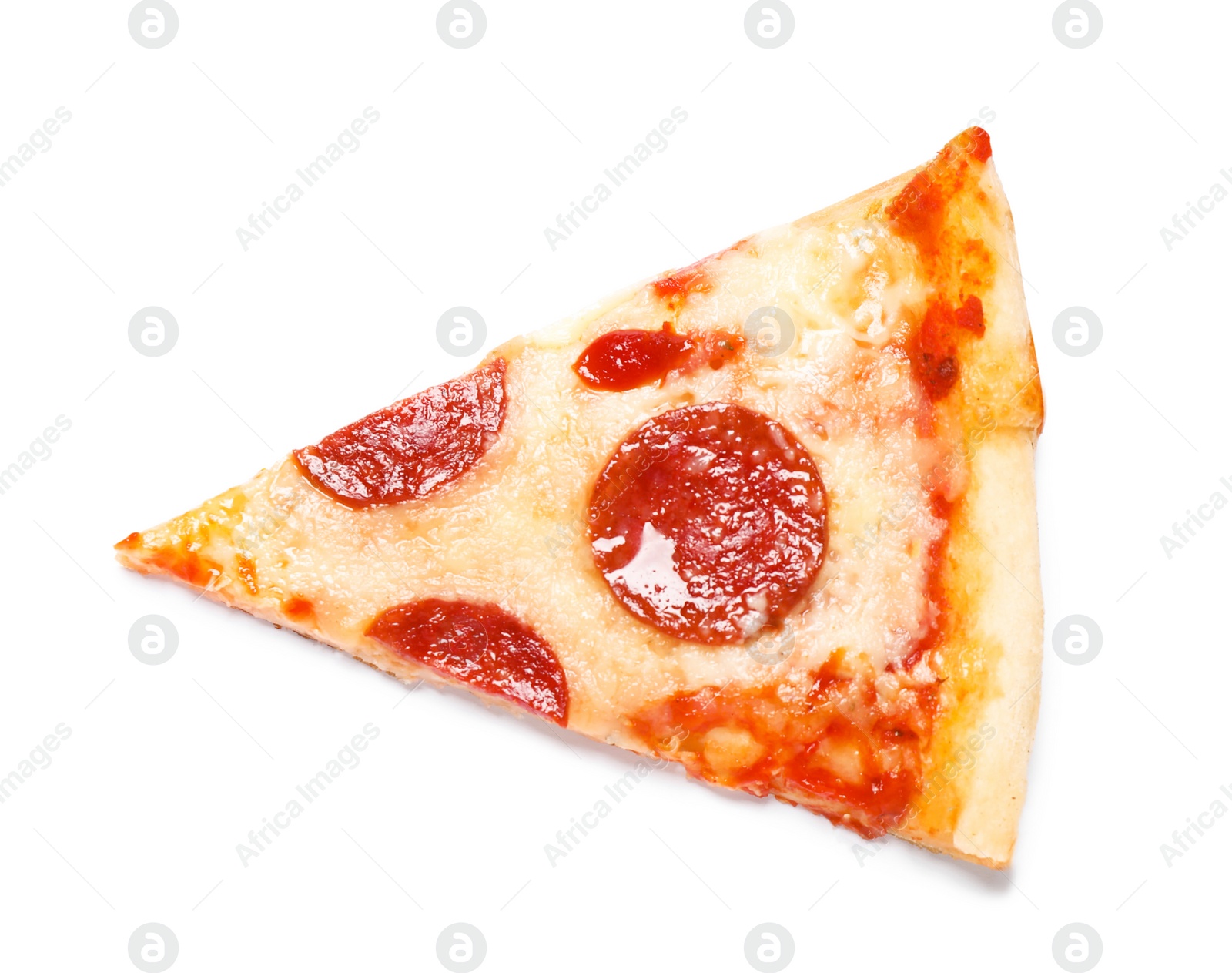 Photo of Slice of hot delicious pepperoni pizza on white background, top view