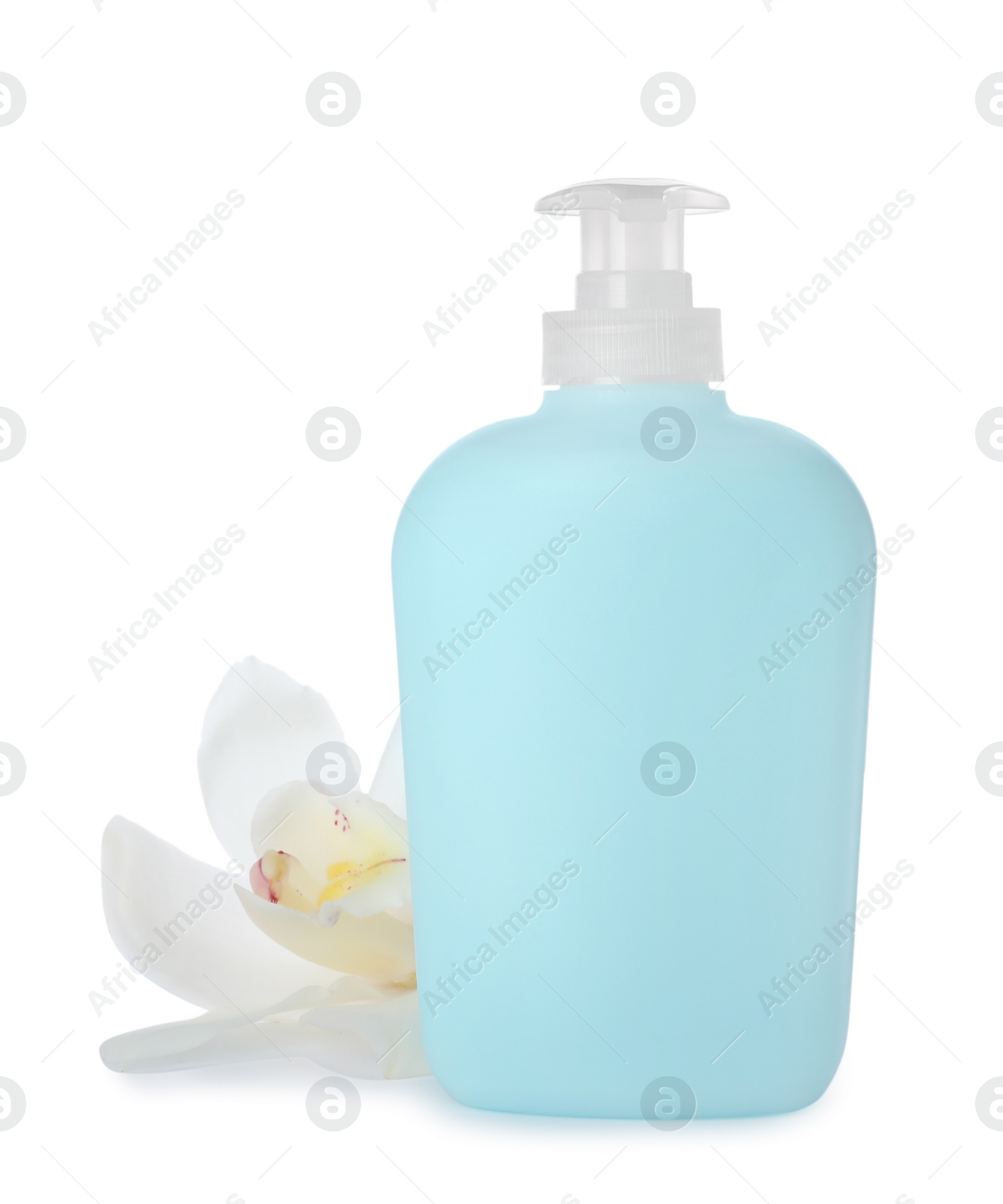 Photo of Dispenser of liquid soap and orchid flower on white background