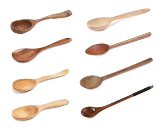 Image of Wooden spoons on white background, collage. Cooking utensil