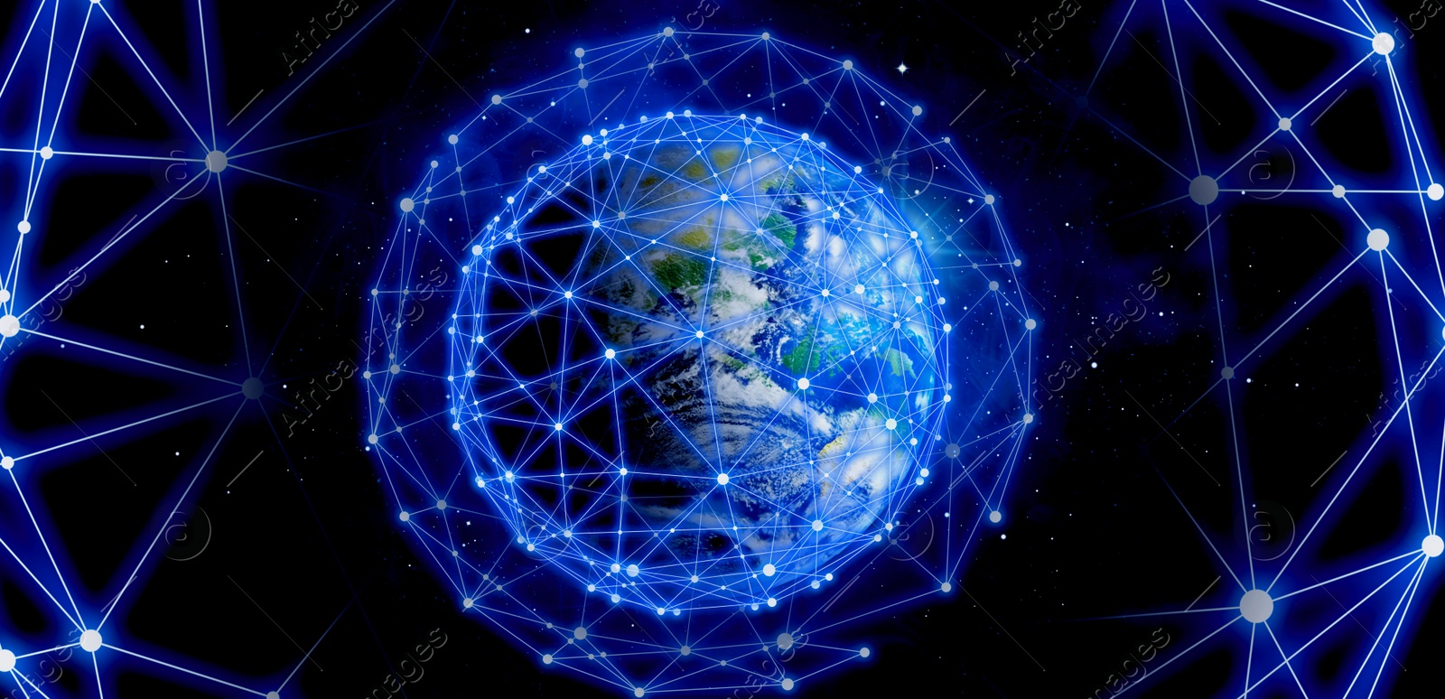 Image of Global network connection. Earth in open space and digital web, illustration