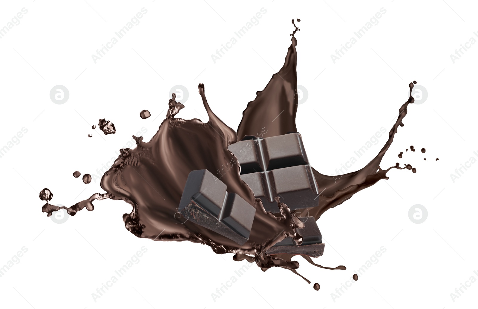 Image of Yummy melted chocolate and falling pieces on white background