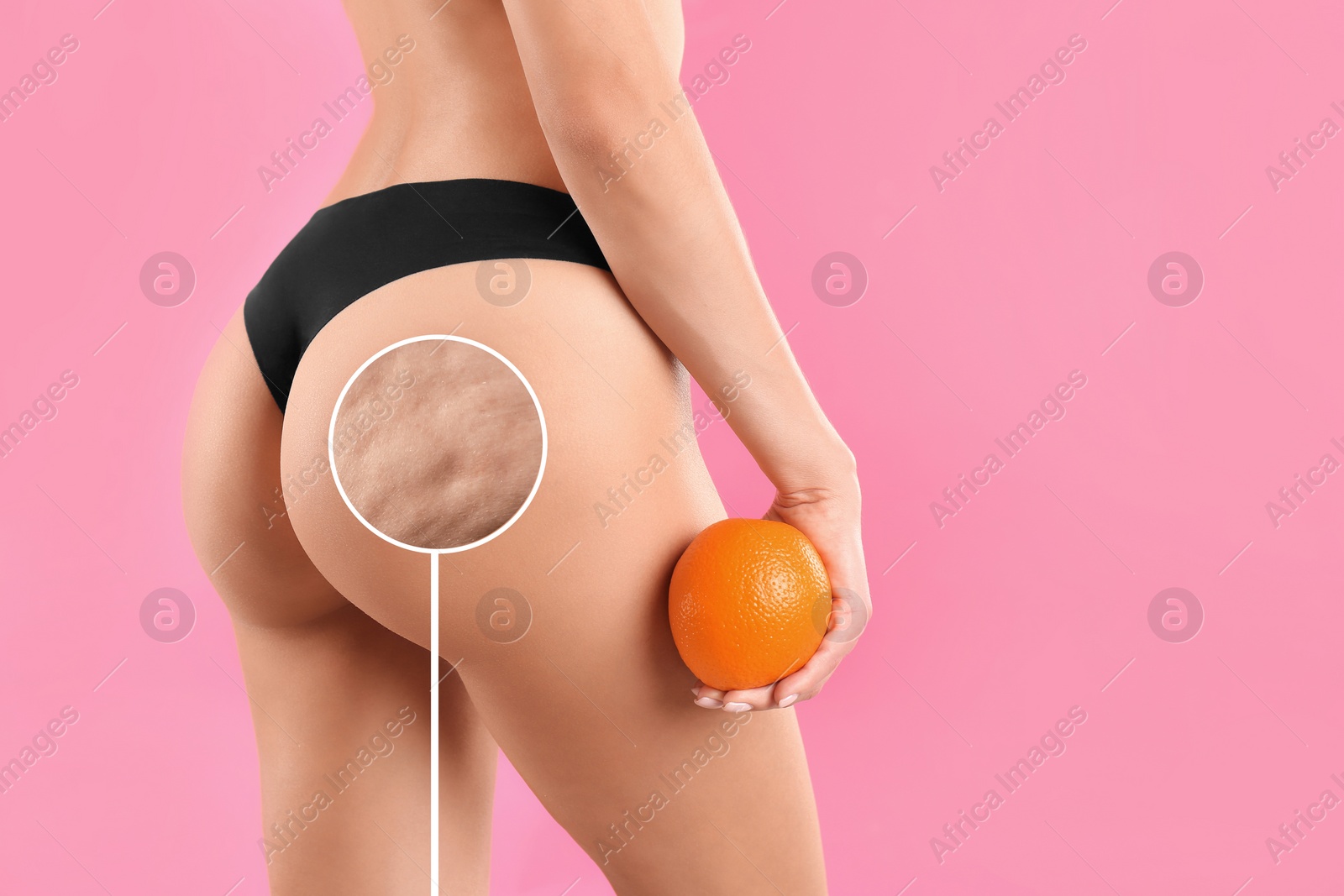 Image of Cellulite problem. Slim woman in underwear holding orange on pink background, closeup. Zoomed skin with dimples