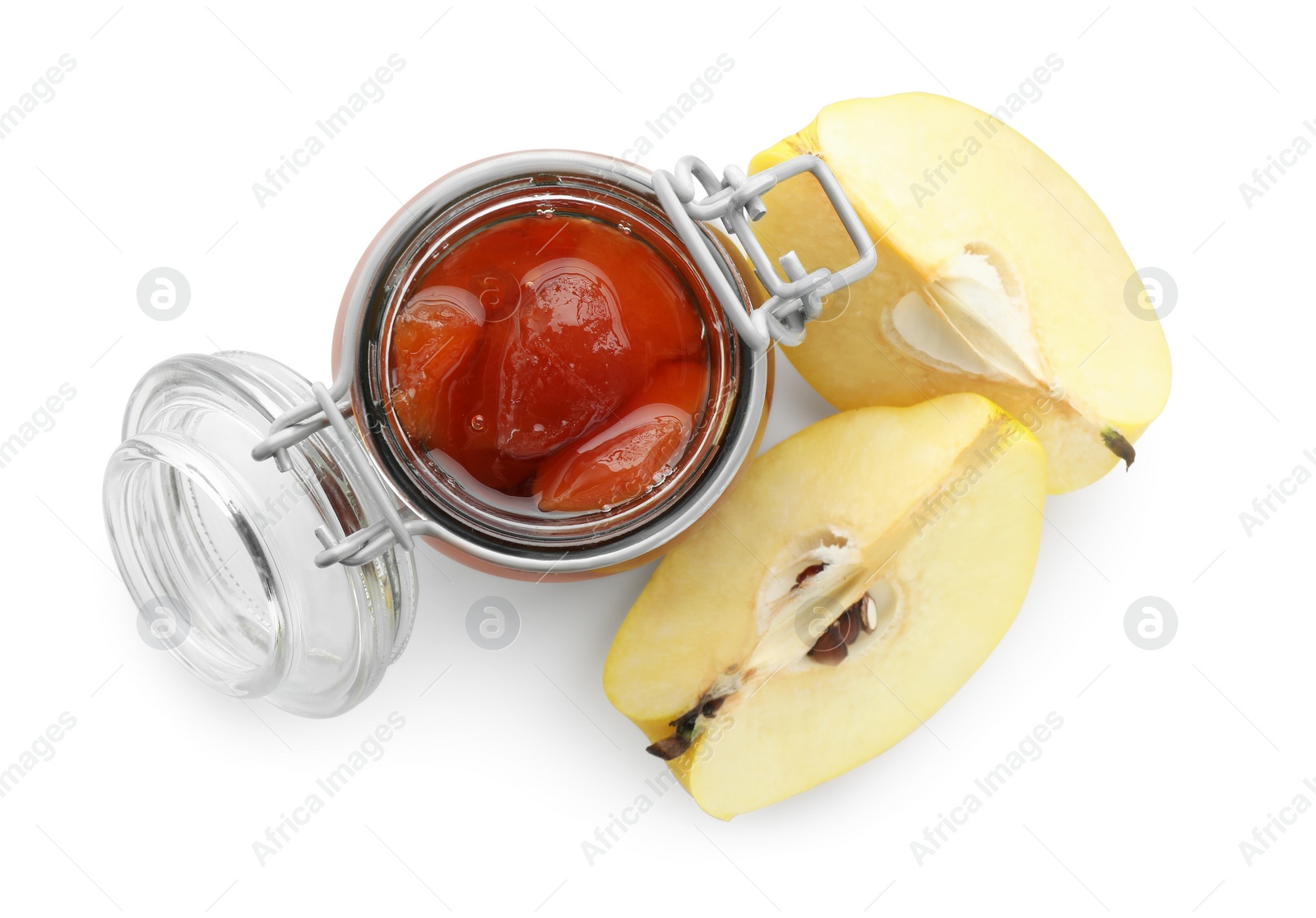 Photo of Tasty homemade quince jam in jar and fruits isolated on white, top view