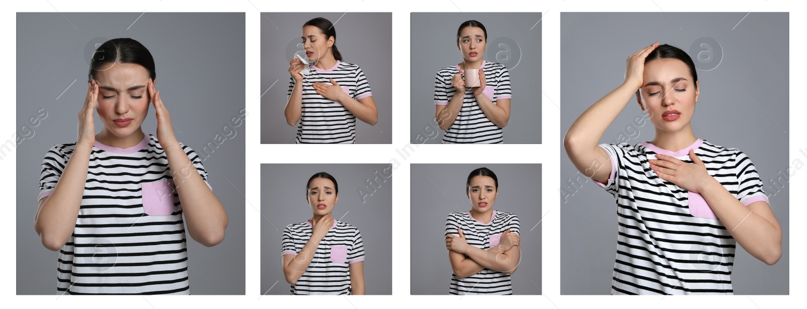 Image of Collage with photos of woman with cold symptoms on white background. Banner design