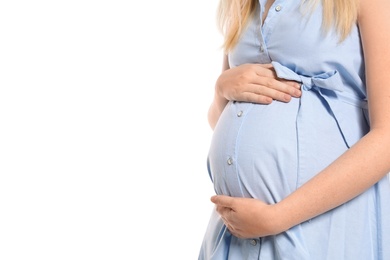 Photo of Pregnant woman in dress on white background. Space for text