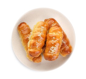 Photo of Plate with delicious sausage rolls isolated on white, top view