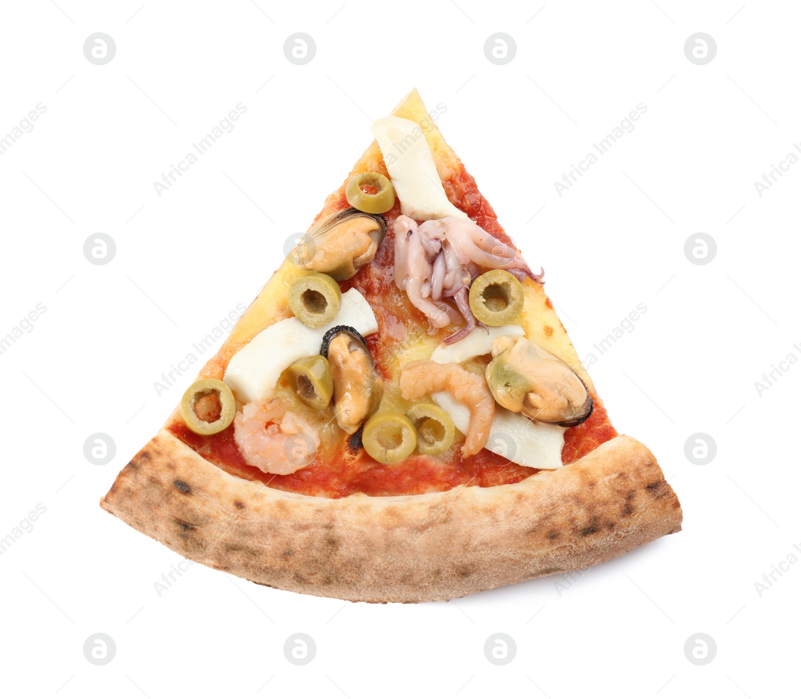 Photo of Slice of delicious seafood  pizza isolated on white, top view