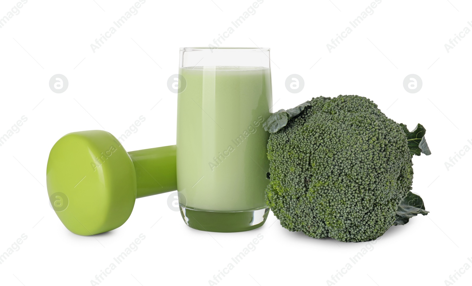 Photo of Tasty broccoli shake, fresh vegetable and dumbbell isolated on white. Weight loss