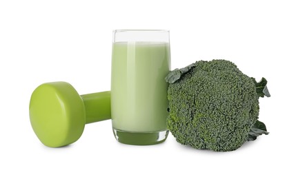 Photo of Tasty broccoli shake, fresh vegetable and dumbbell isolated on white. Weight loss