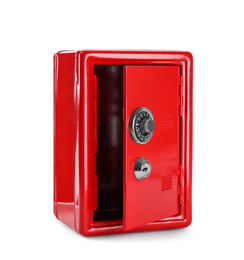 Photo of Open red steel safe isolated on white