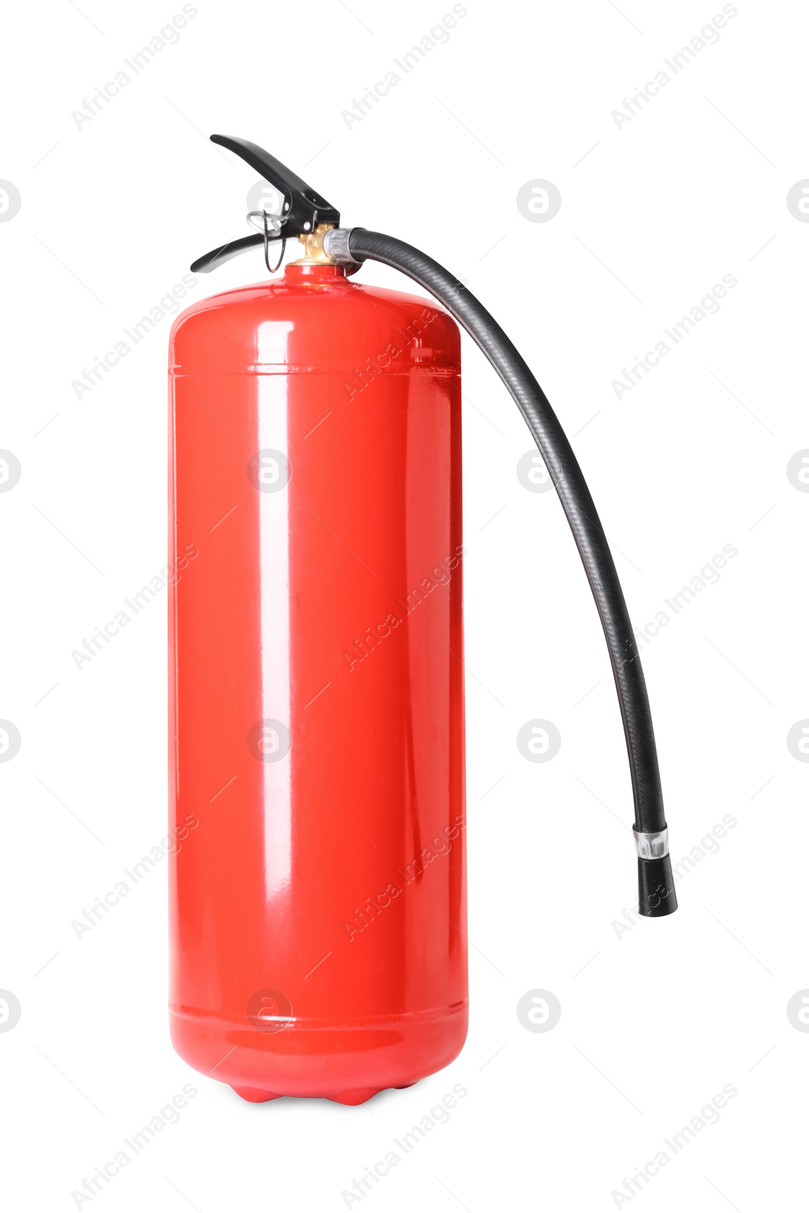 Photo of One red fire extinguisher on white background