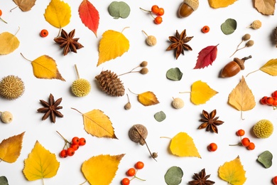 Flat lay composition with autumn leaves on white background