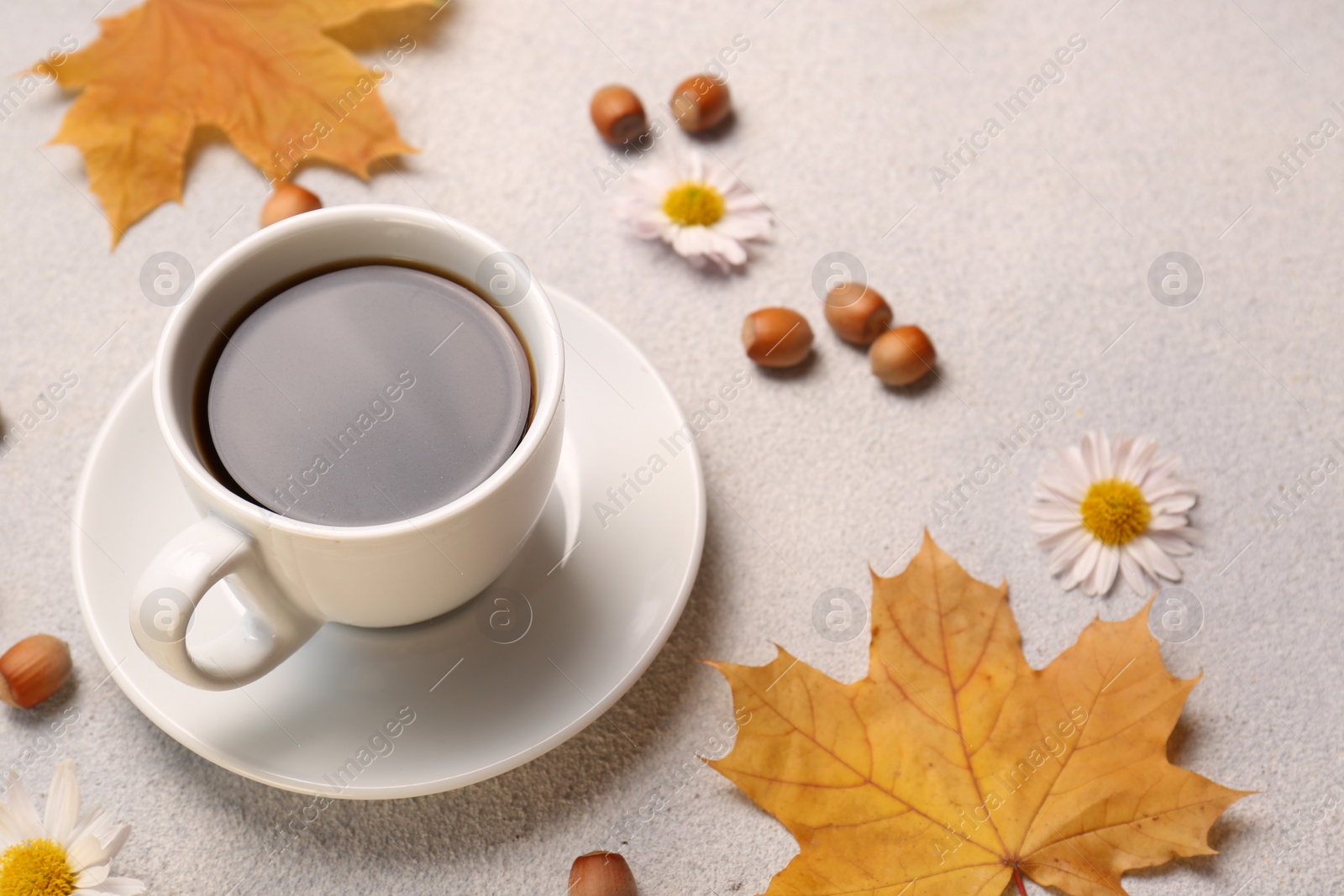 Photo of Composition with cup of hot drink and autumn leaves on light grey textured table