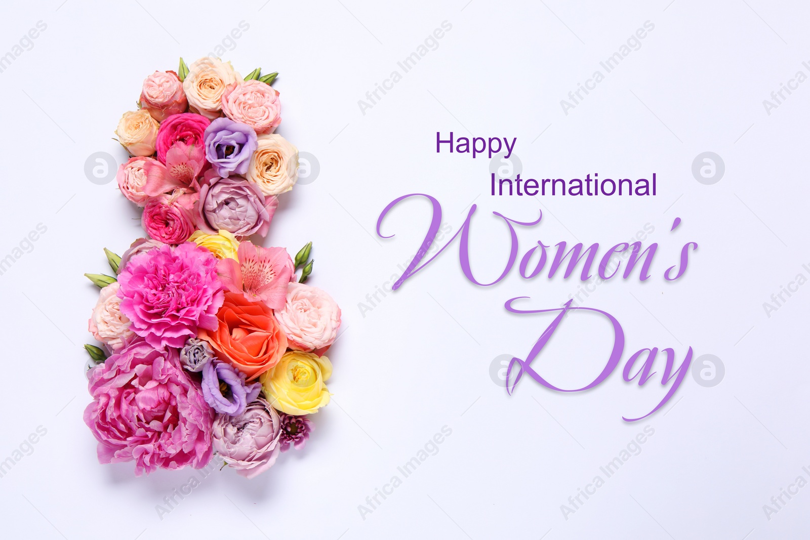 Image of 8 March - Happy International Women's Day. Greeting card design with different flowers on white background, top view