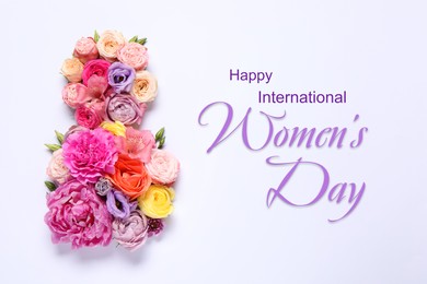 Image of 8 March - Happy International Women's Day. Greeting card design with different flowers on white background, top view