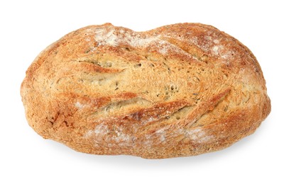 Freshly baked sourdough bread isolated on white, top view