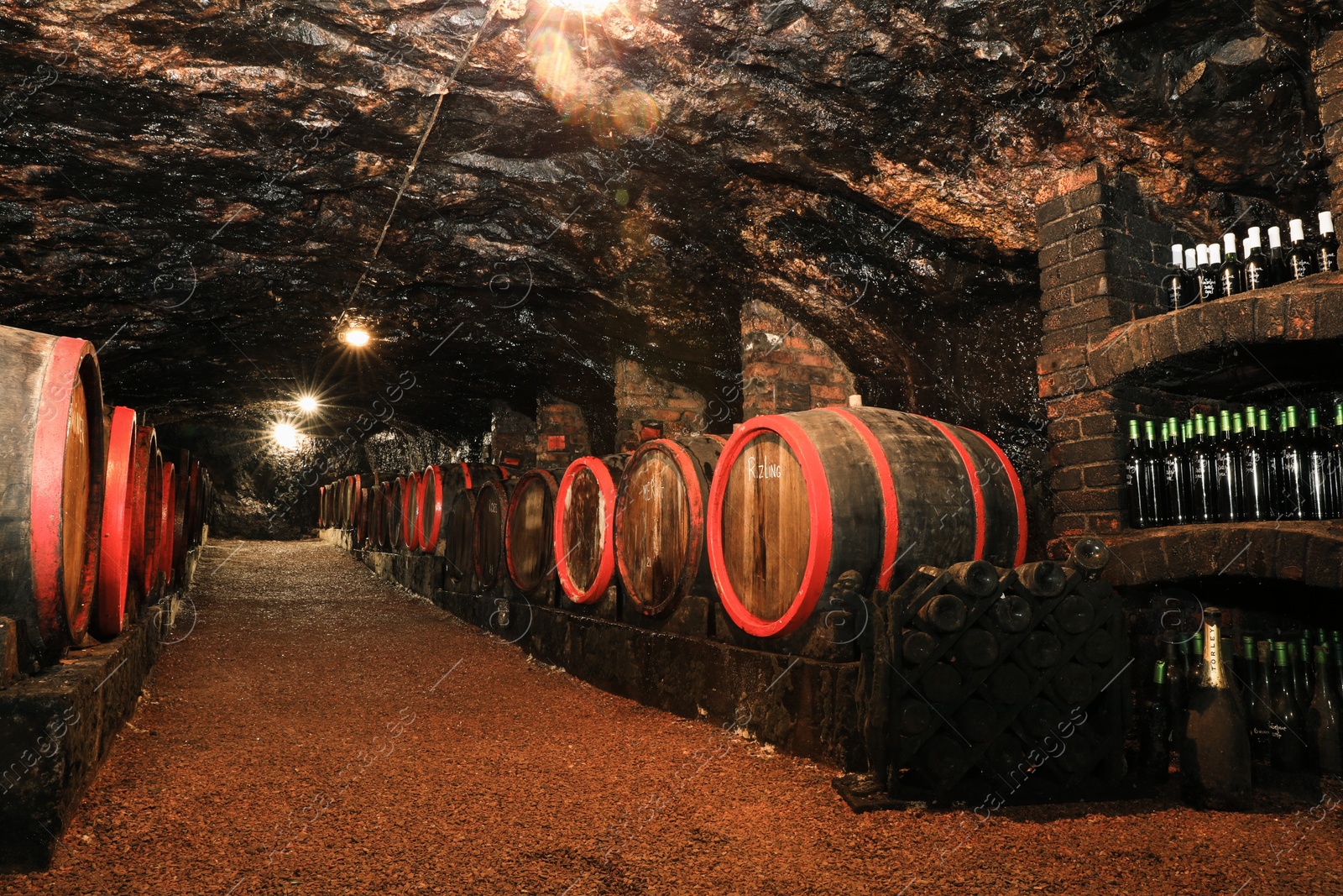 Photo of Bene, Ukraine - June 23, 2023: Many wooden barrels and bottles with different alcohol drinks in cellar