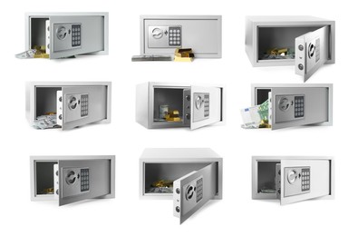 Steel safe with gold and banknotes on white background, view from different sides