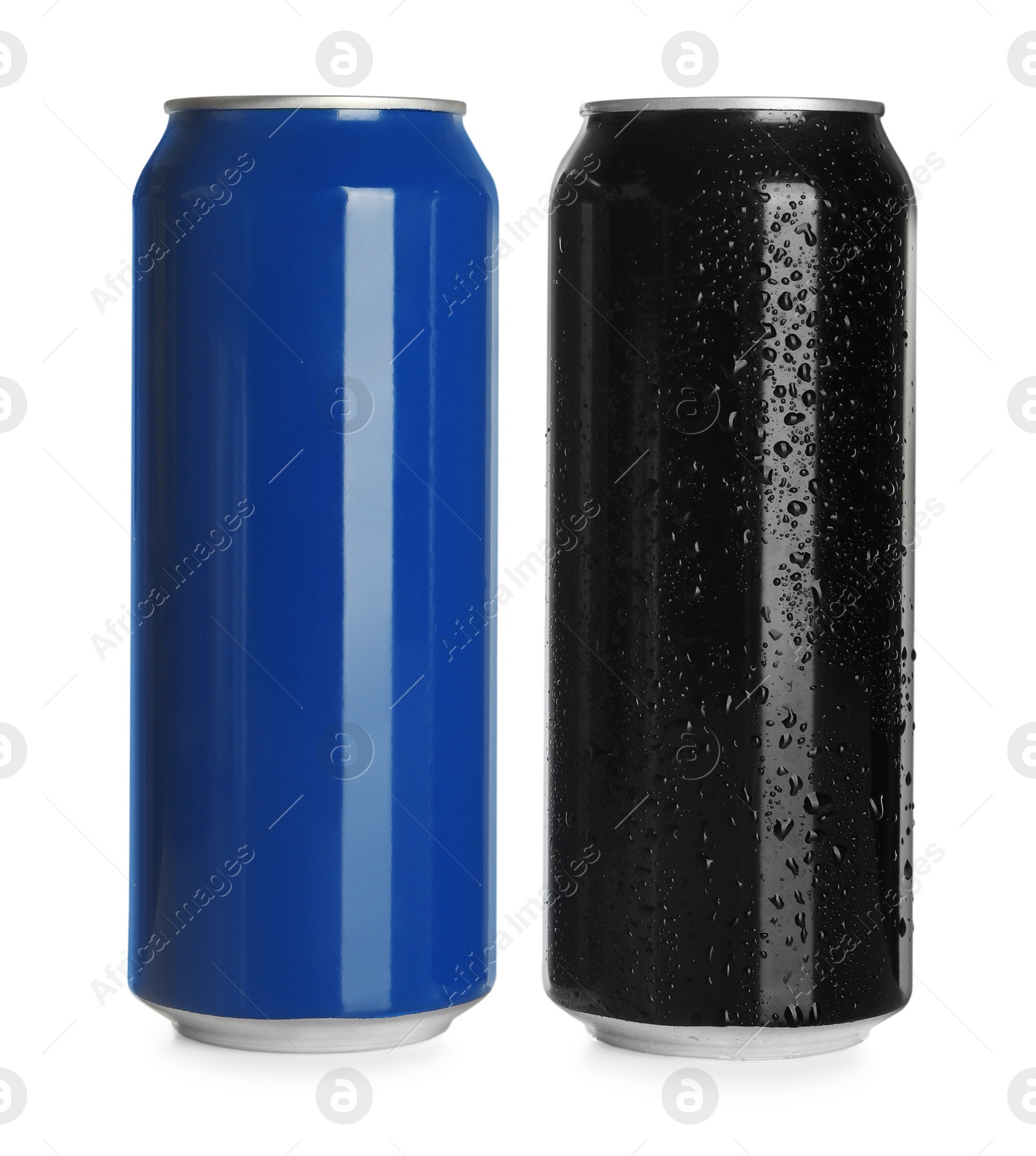 Photo of Aluminum cans with drinks on white background