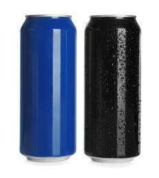 Aluminum cans with drinks on white background