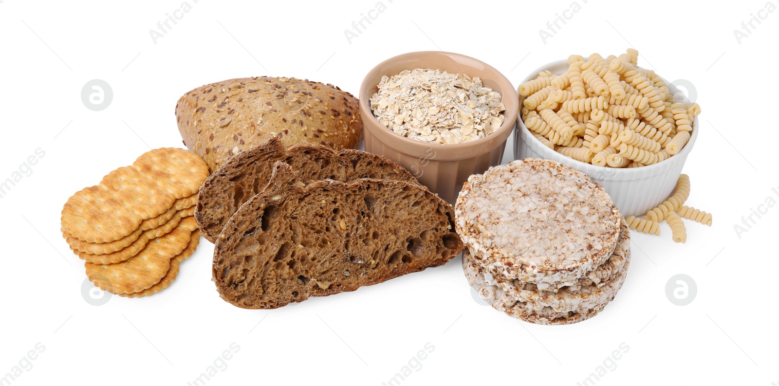 Photo of Different gluten free products on white background