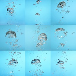 Image of Collage with air bubbles in water on light blue background