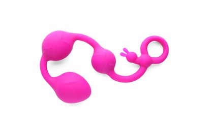 Photo of Pink anal balls on white background, top view. Sex toy