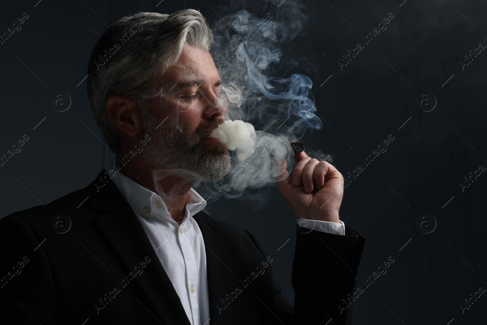 Photo of Handsome bearded man smoking cigar against dark grey background. Space for text