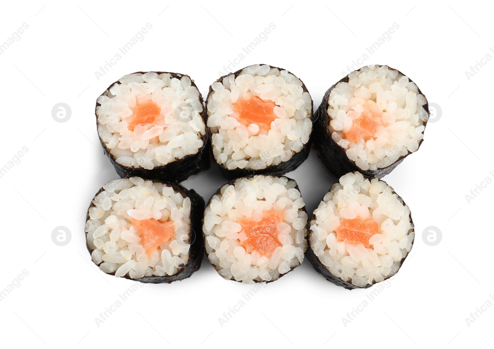 Photo of Delicious sushi rolls on white background, top view