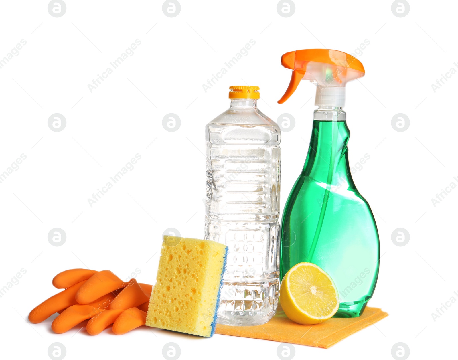 Photo of Composition with vinegar and cleaning supplies on white background