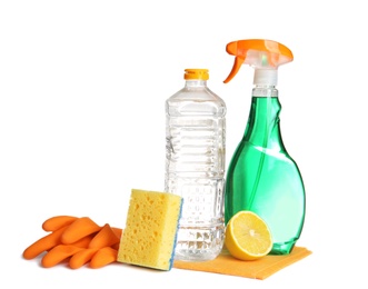 Photo of Composition with vinegar and cleaning supplies on white background