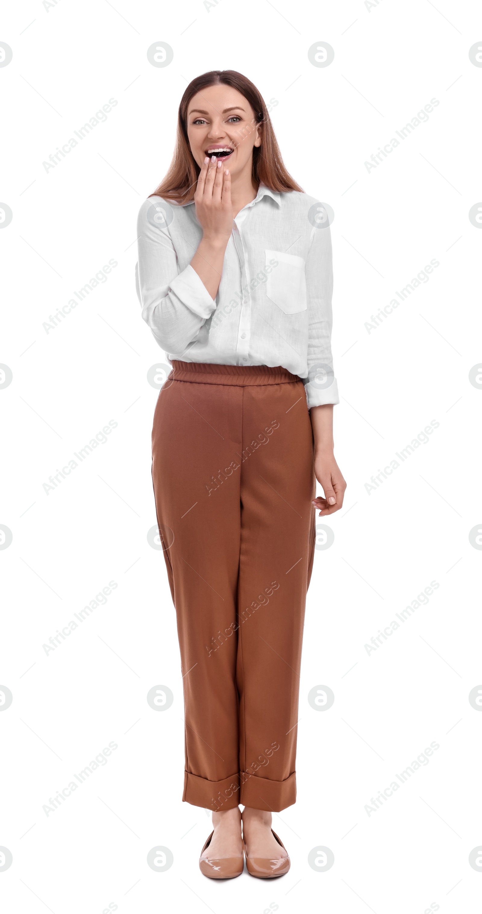 Photo of Full length portrait of beautiful emotional business woman on white background