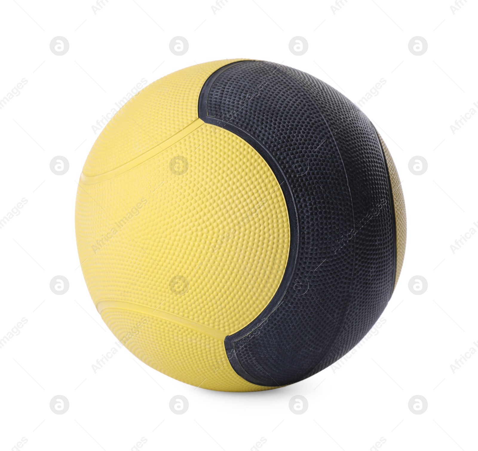 Photo of Yellow and black medicine ball isolated on white