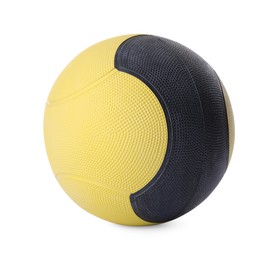Photo of Yellow and black medicine ball isolated on white