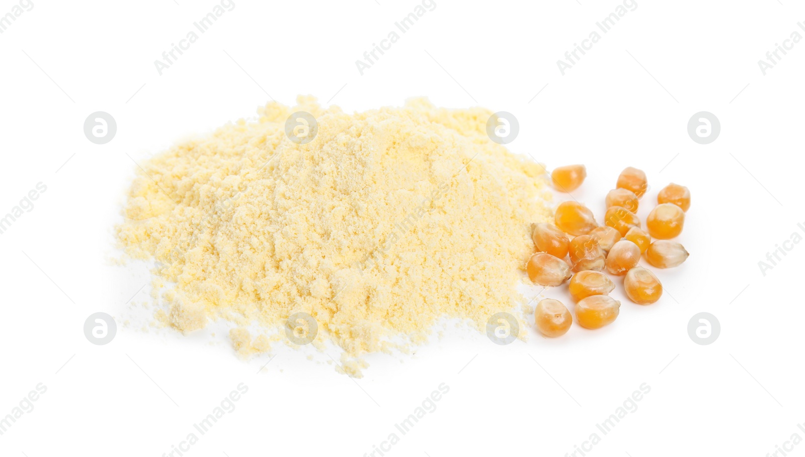 Photo of Pile of corn flour and seeds isolated on white