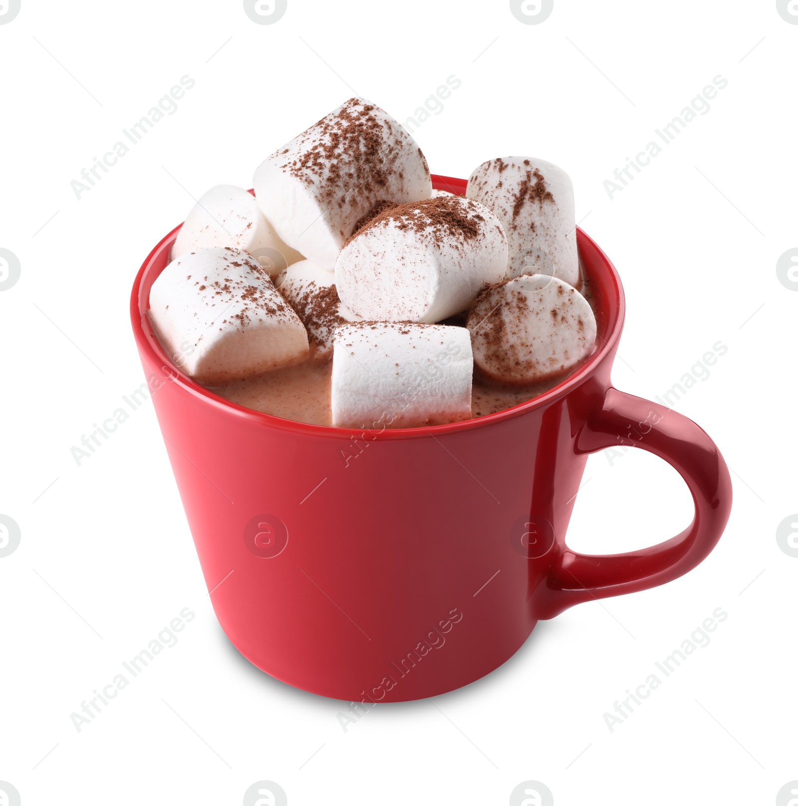 Photo of Cup of aromatic hot chocolate with marshmallows and cocoa powder isolated on white