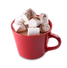 Photo of Cup of aromatic hot chocolate with marshmallows and cocoa powder isolated on white