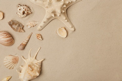 Flat lay composition with sea shells, starfish and space for text on beach sand