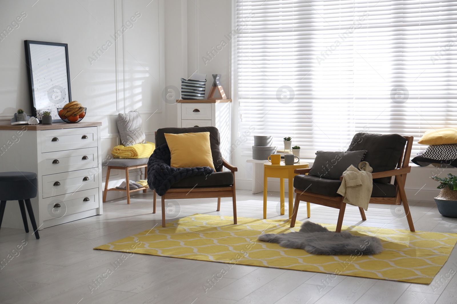 Photo of Armchairs with pillows and plaid in living room. Interior design