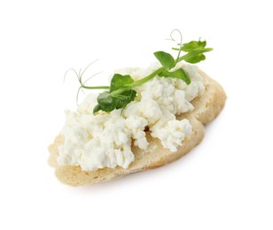 Photo of Bread with cottage cheese and microgreens on white background