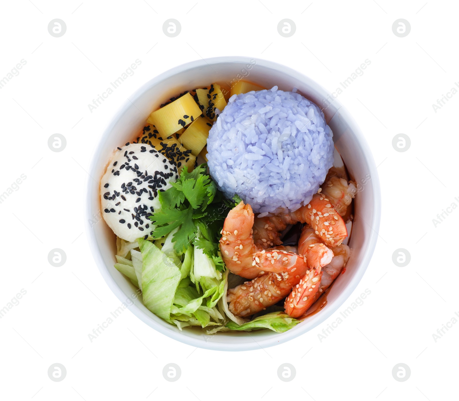 Photo of Delicious poke bowl isolated on white, top view