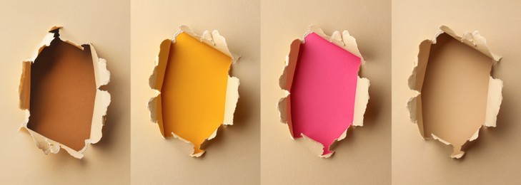 Image of Collage of beige paper with torn holes on color background