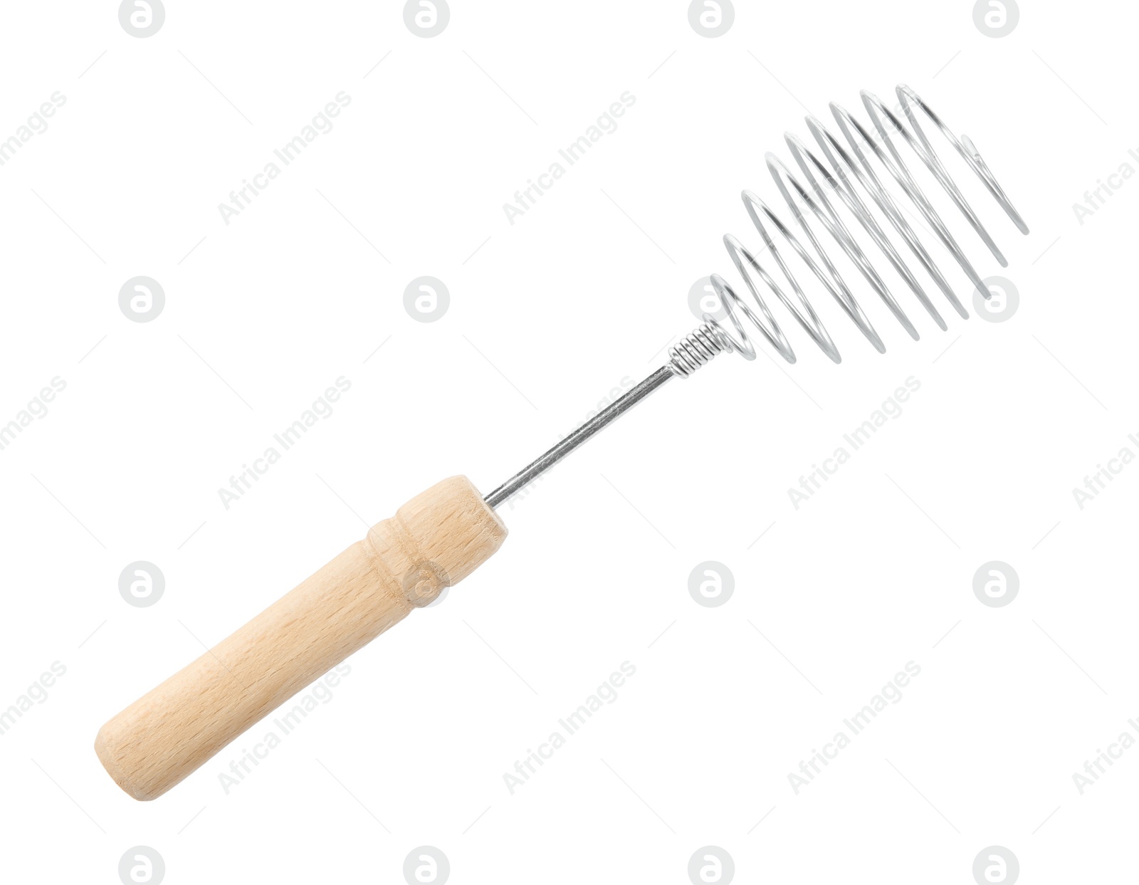 Photo of Metal whisk with wooden handle isolated on white, top view