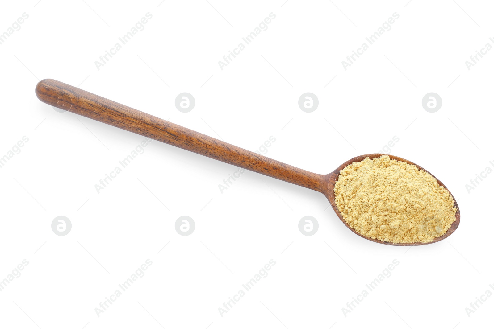 Photo of Wooden spoon with aromatic mustard powder on white background, top view