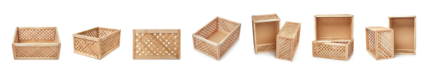 Image of Set of wooden crates on white background. Banner design 