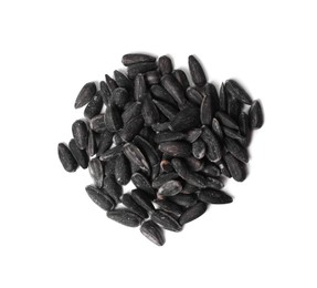 Pile of sunflower seeds on white background, top view