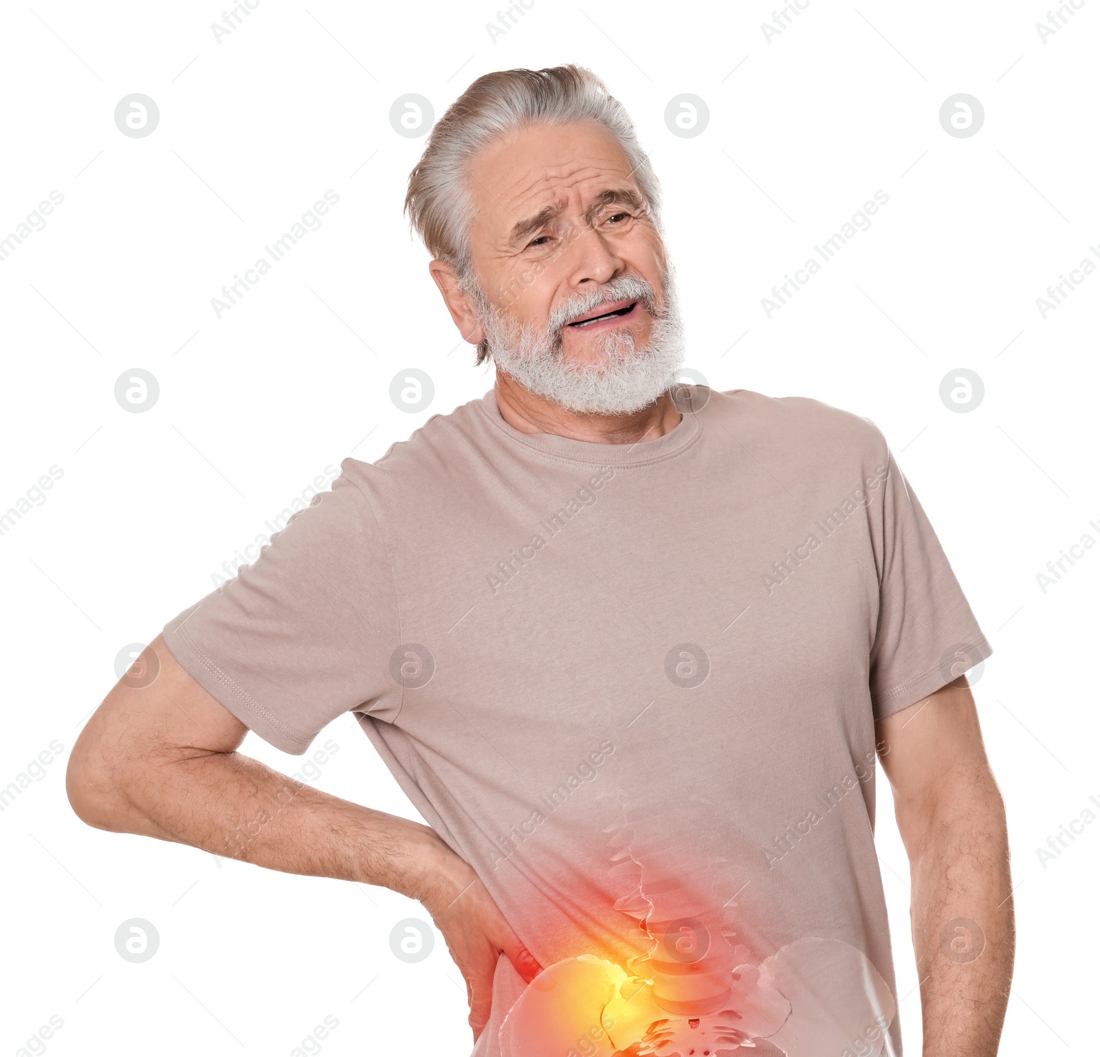 Image of Arthritis symptoms. Senior man suffering from pain in back on white background