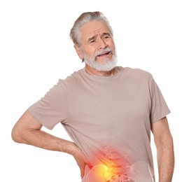 Image of Arthritis symptoms. Senior man suffering from pain in back on white background