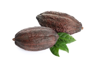 Photo of Cocoa pods and leaves on white background