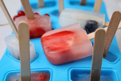 Photo of Mold with fruit and berry ice pops, closeup